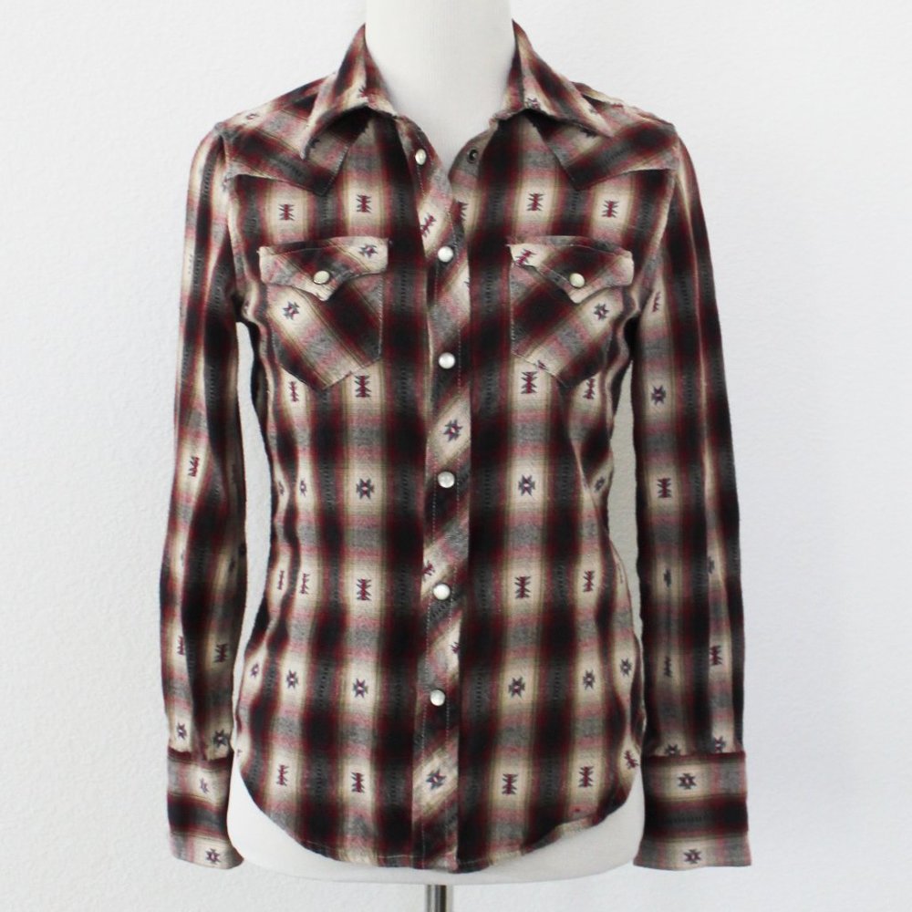 Denim & Supply Black Tan Red American Western Plaid Flannel Button Down Shirt XS